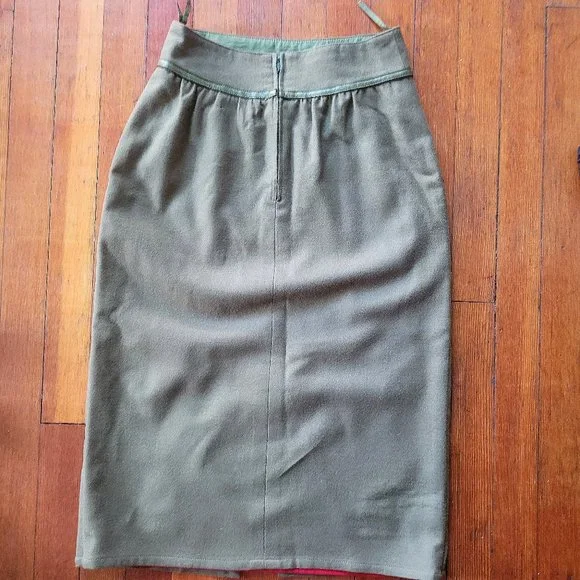 Vintage French Wool Skirt Olive Red Pencil, sz 2 - Picture 2 of 14